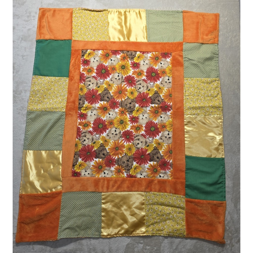 Handmade Teddy Bear‎ Baby Quilt Patchwork Blanket Orange Floral Nursery 32×26